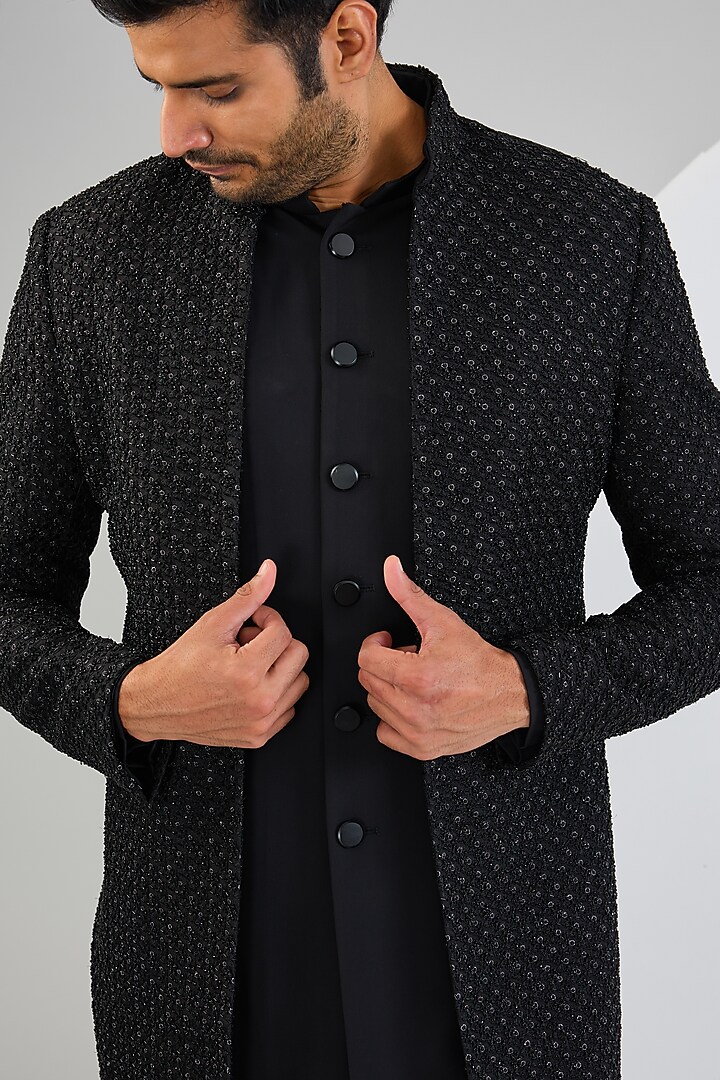 Black Silk Hand Embroidered Groom Indowestern Jacket Set by Qbik Men at Pernia's Pop Up Shop