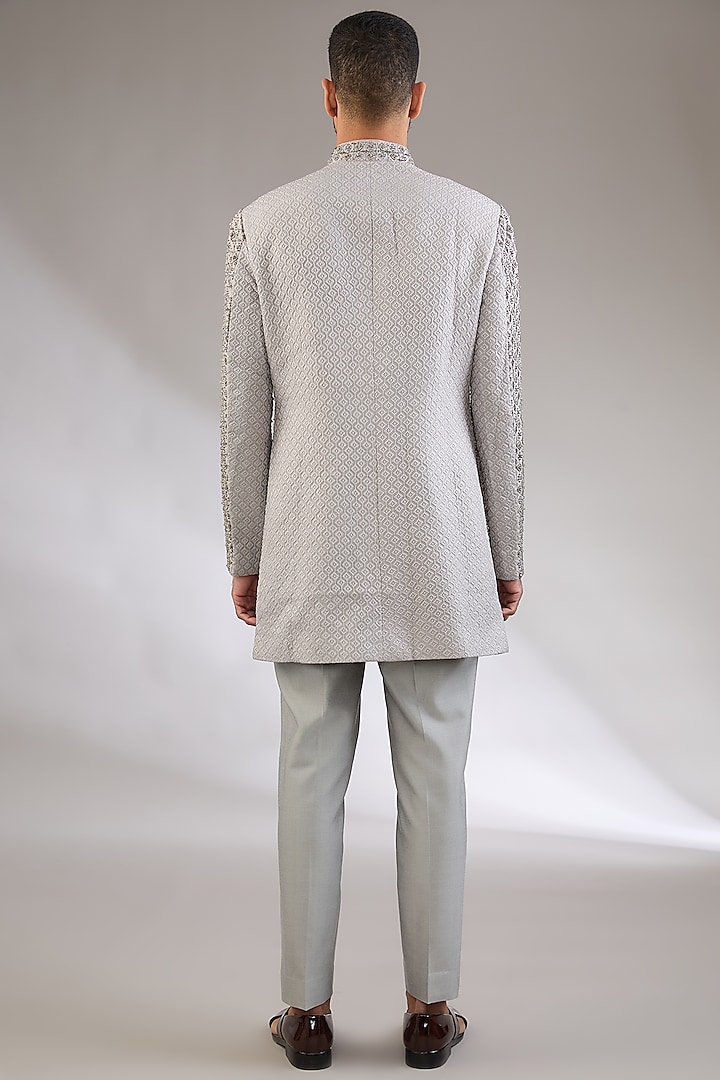 Grey Cotton Silk Diamond & Thread Embroidered Groom Indowestern Set by Qbik Men at Pernia's Pop Up Shop