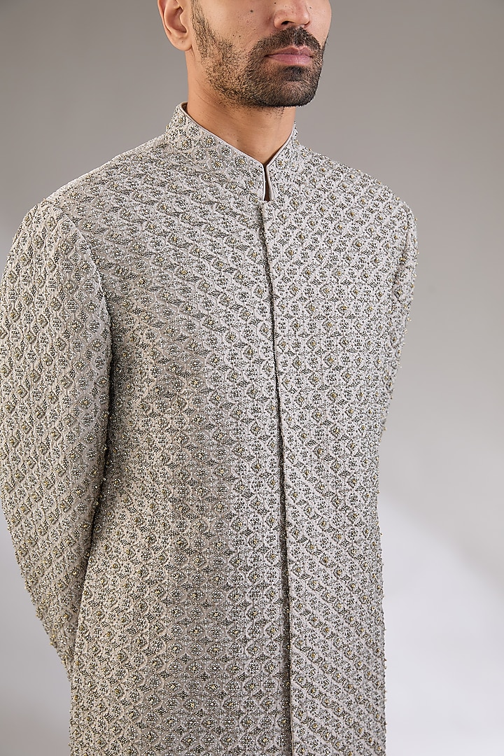 Grey Cotton Silk Diamond & Thread Embroidered Groom Indowestern Set by Qbik Men at Pernia's Pop Up Shop
