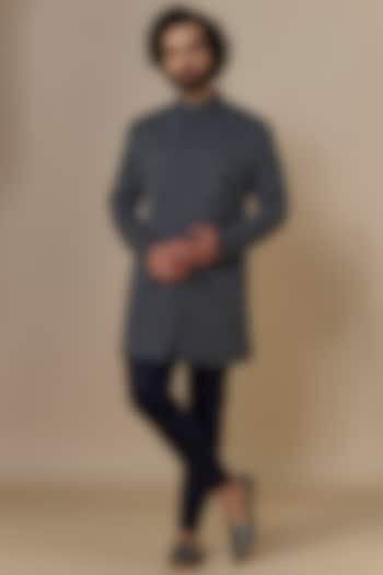 Navy Blue Cotton Silk Thread Hand Embroidered Groom Indowestern Set by Qbik Men at Pernia's Pop Up Shop