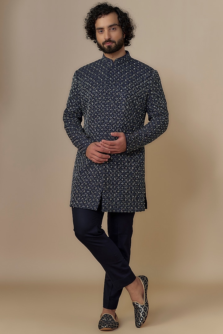 Navy Blue Cotton Silk Thread Hand Embroidered Groom Indowestern Set by Qbik Men at Pernia's Pop Up Shop