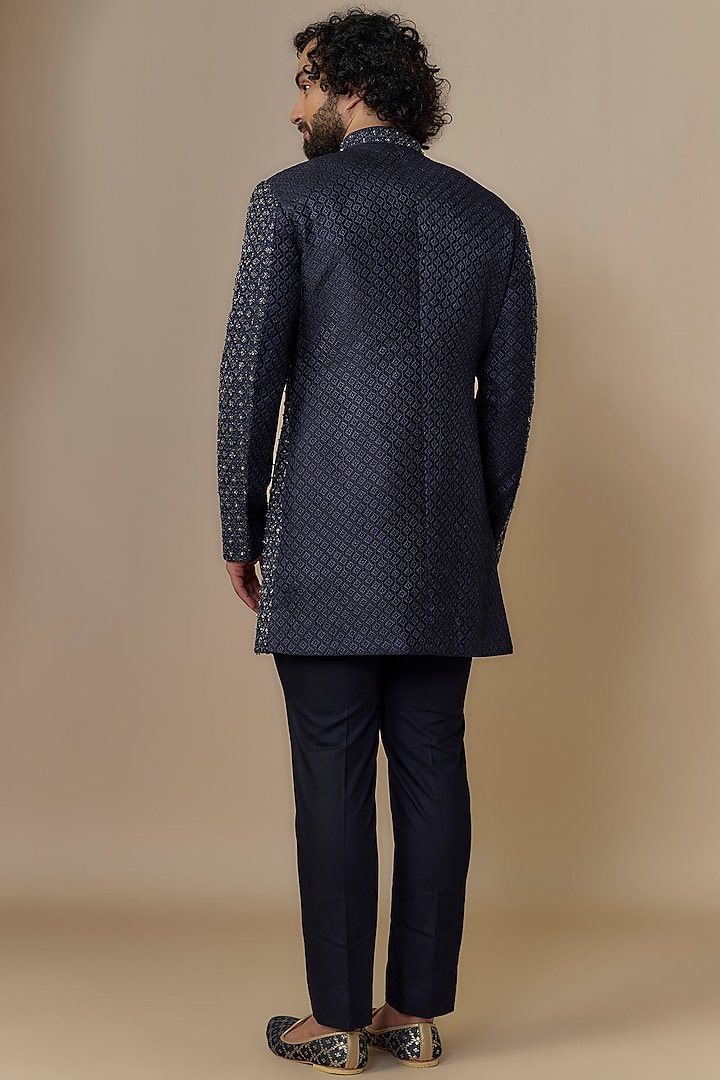 Navy Blue Cotton Silk Thread Hand Embroidered Groom Indowestern Set by Qbik Men at Pernia's Pop Up Shop