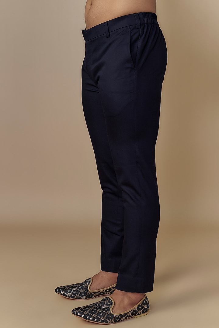 Navy Blue Cotton Silk Thread Hand Embroidered Groom Indowestern Set by Qbik Men at Pernia's Pop Up Shop