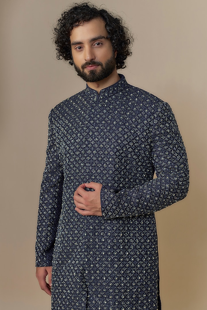 Navy Blue Cotton Silk Thread Hand Embroidered Groom Indowestern Set by Qbik Men at Pernia's Pop Up Shop
