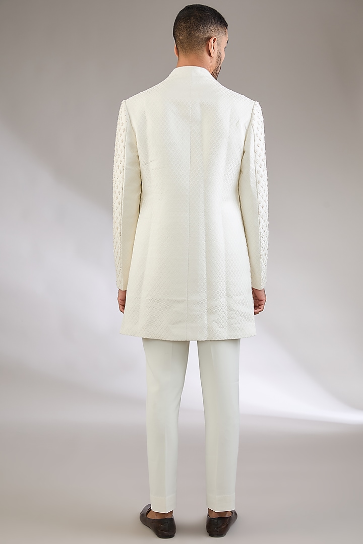 Ivory Jacquard Hand Embroidered Groom Indowestern Set by Qbik Men at Pernia's Pop Up Shop
