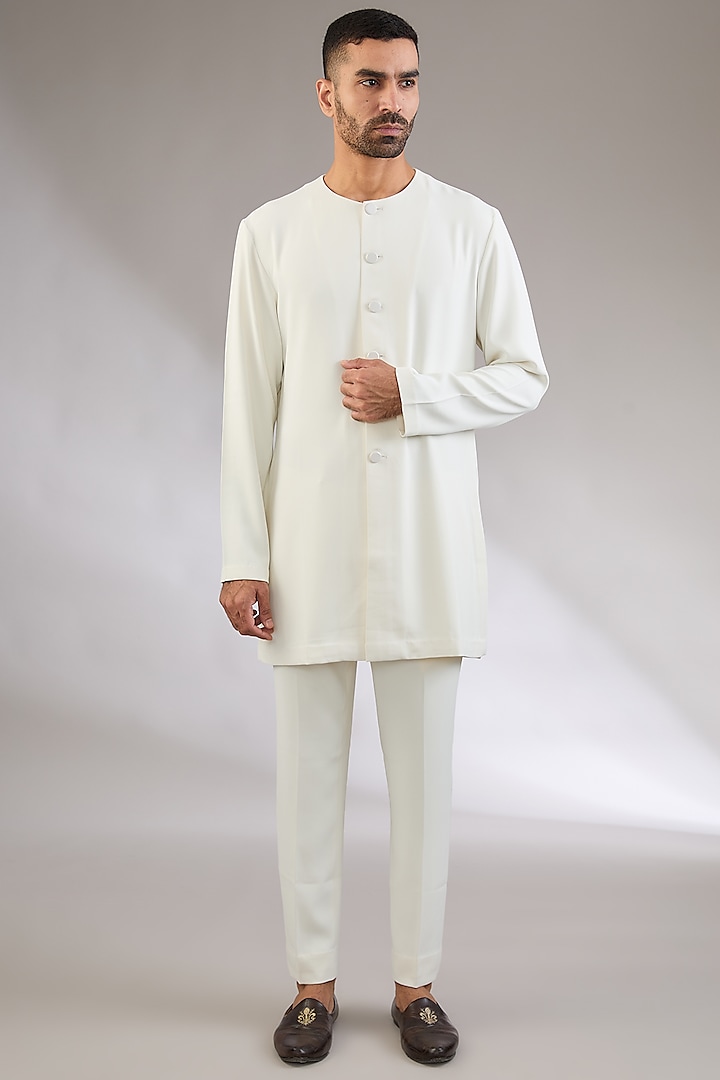 Ivory Jacquard Hand Embroidered Groom Indowestern Set by Qbik Men at Pernia's Pop Up Shop