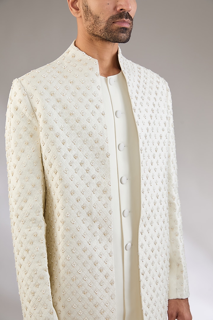Ivory Jacquard Hand Embroidered Groom Indowestern Set by Qbik Men at Pernia's Pop Up Shop