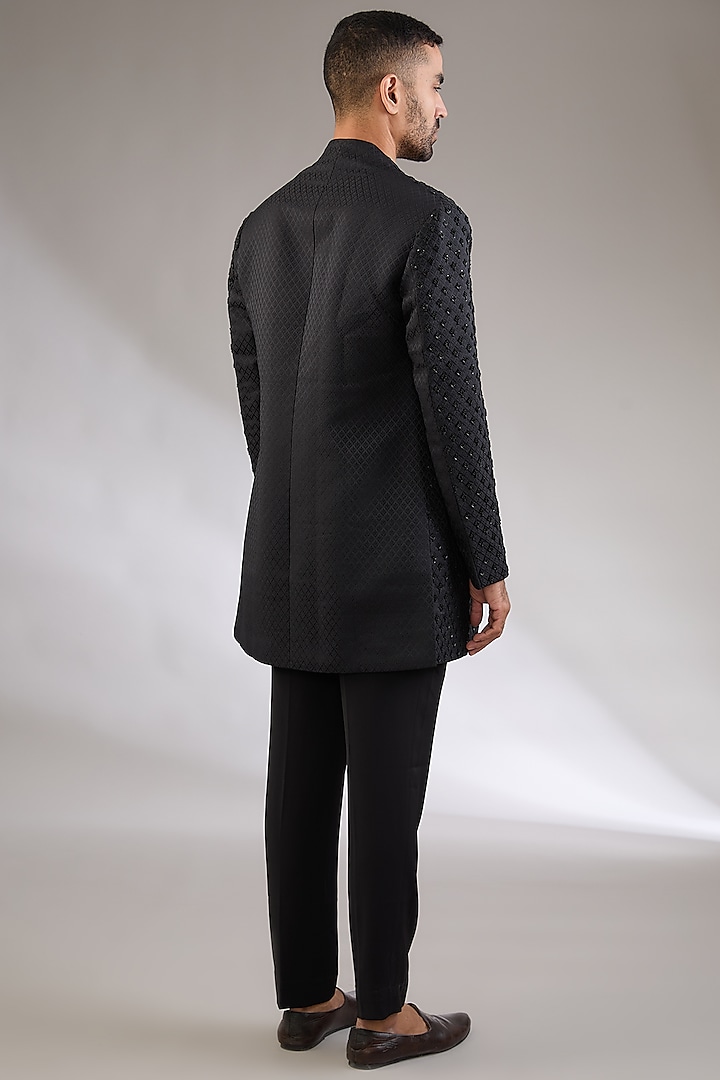 Black Jacquard Hand Embroidered Groom Indowestern Set by Qbik Men at Pernia's Pop Up Shop