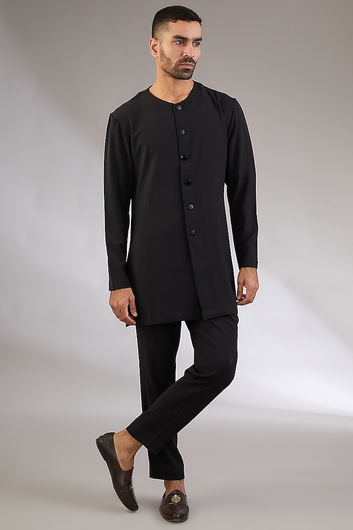 Black Jacquard Hand Embroidered Groom Indowestern Set by Qbik Men at Pernia's Pop Up Shop