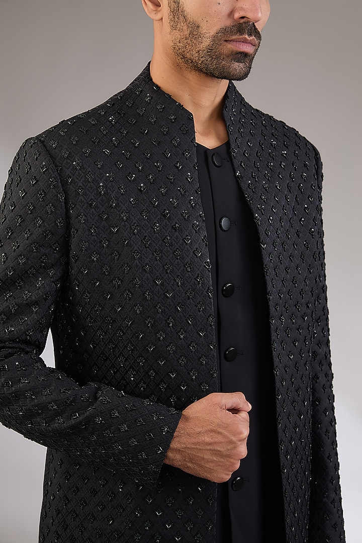 Black Jacquard Hand Embroidered Groom Indowestern Set by Qbik Men at Pernia's Pop Up Shop
