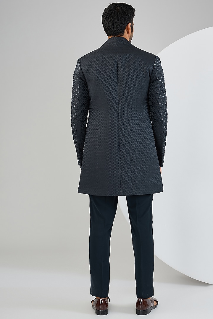 Navy Blue Silk Hand Embroidered Groom Indowestern Jacket Set by Qbik Men at Pernia's Pop Up Shop