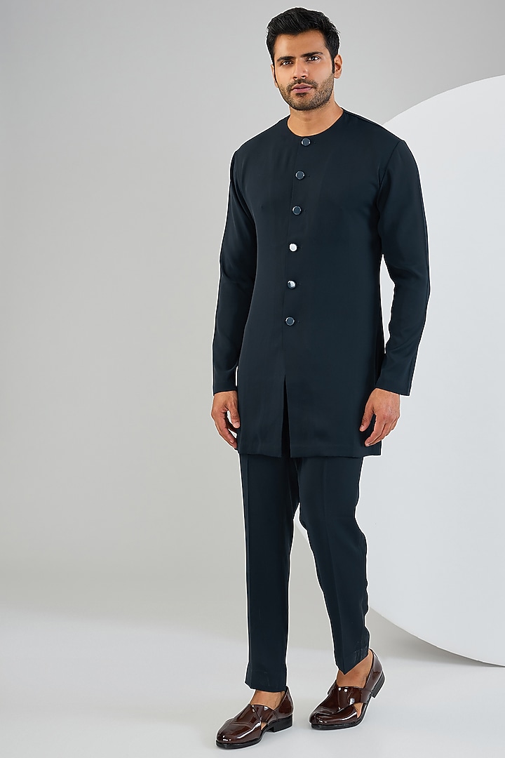 Navy Blue Silk Hand Embroidered Groom Indowestern Jacket Set by Qbik Men at Pernia's Pop Up Shop