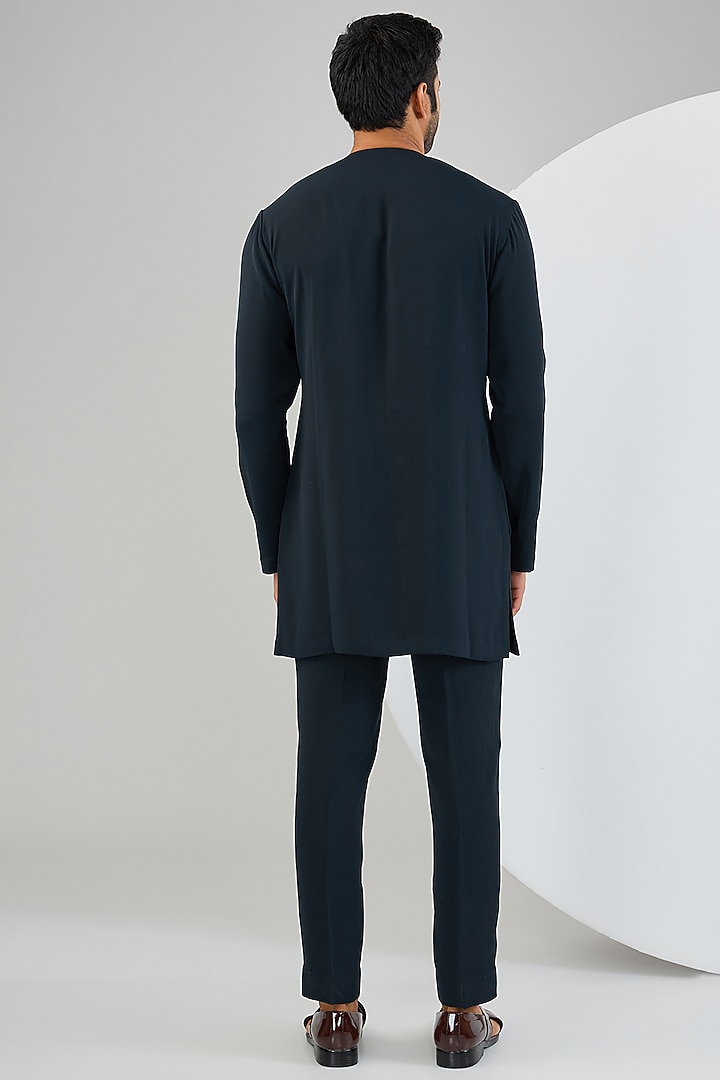 Navy Blue Silk Hand Embroidered Groom Indowestern Jacket Set by Qbik Men at Pernia's Pop Up Shop
