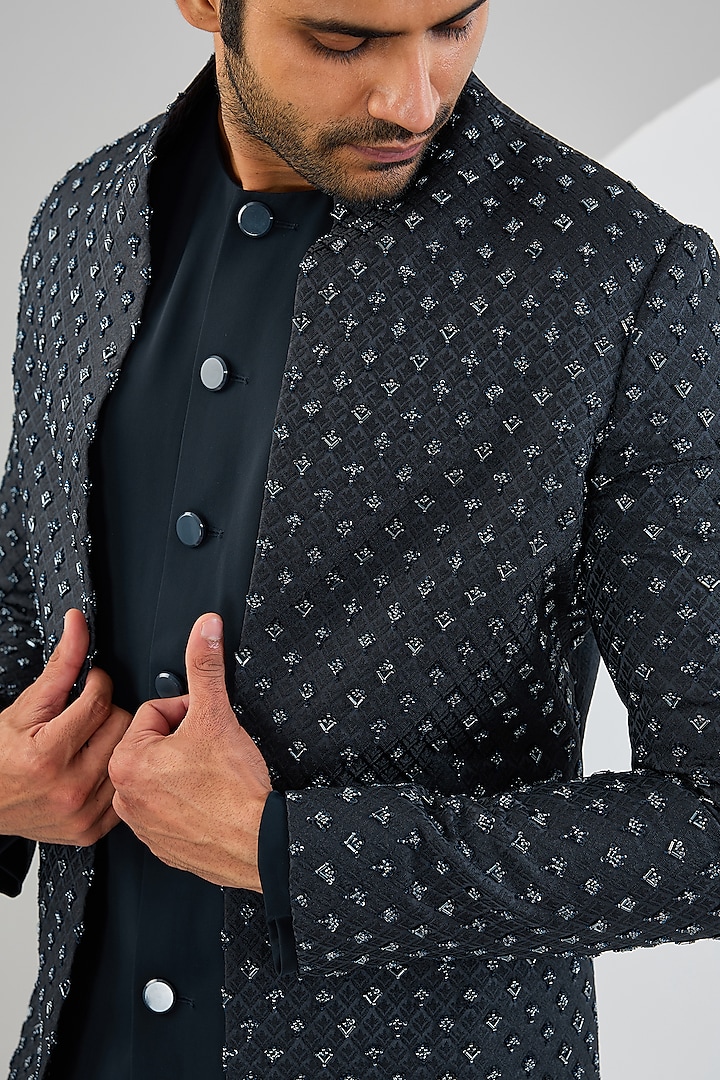 Navy Blue Silk Hand Embroidered Groom Indowestern Jacket Set by Qbik Men at Pernia's Pop Up Shop