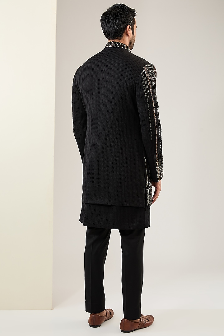Black Viscose Wool Sequins Embroidered Groom Indowestern Set by Qbik Men at Pernia's Pop Up Shop