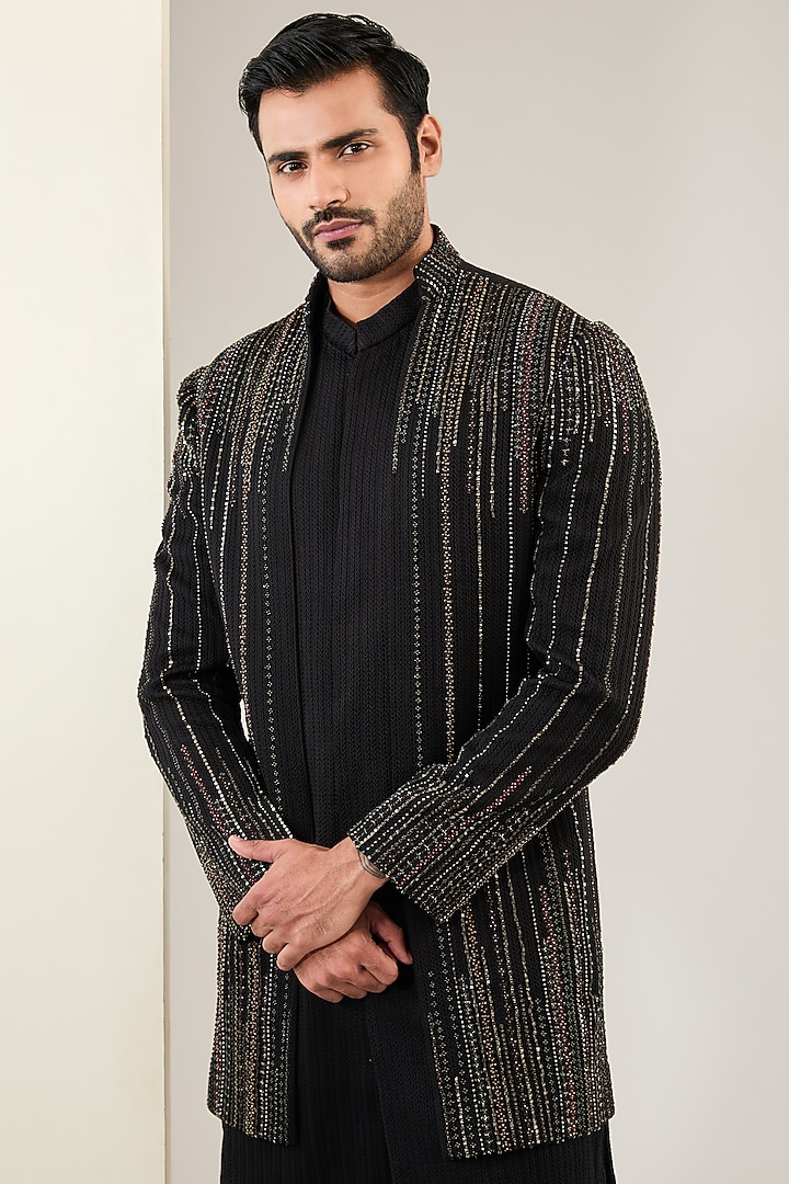 Black Viscose Wool Sequins Embroidered Groom Indowestern Set by Qbik Men at Pernia's Pop Up Shop