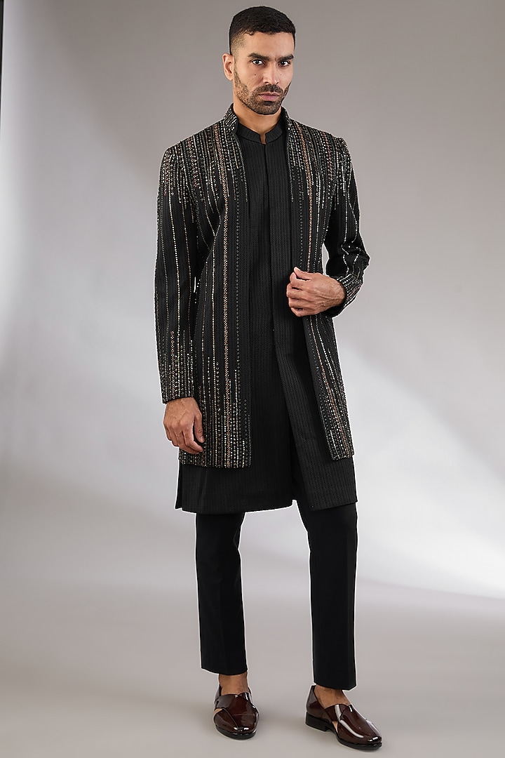 Black Viscose Wool Sequins Embroidered Double-Paneled Indowestern Set by Qbik Men