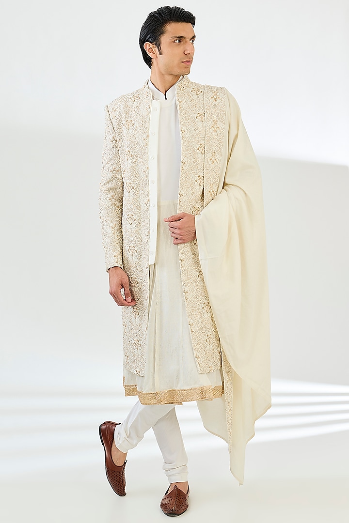 Ivory Silk Floral Embellished Sherwani Set by Qbik Men