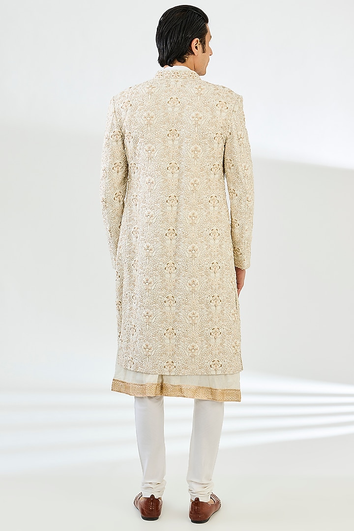 Ivory Silk Floral Embellished Groom Sherwani Set by Qbik Men at Pernia's Pop Up Shop