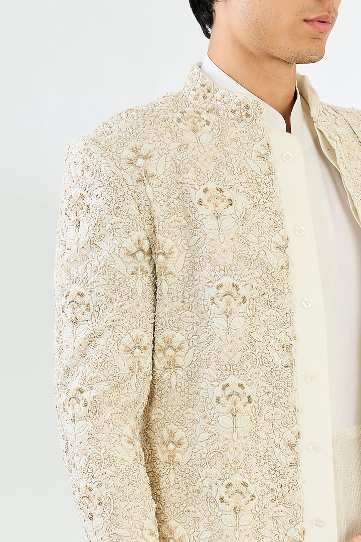 Ivory Silk Floral Embellished Groom Sherwani Set by Qbik Men at Pernia's Pop Up Shop