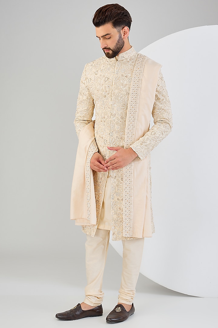 Peach Silk Hand Embroidered Sherwani Set by Qbik Men