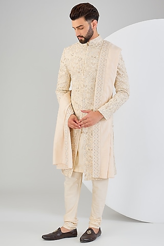 Peach Silk Hand Embroidered Groom Sherwani Set by Qbik Men at Pernia's ...