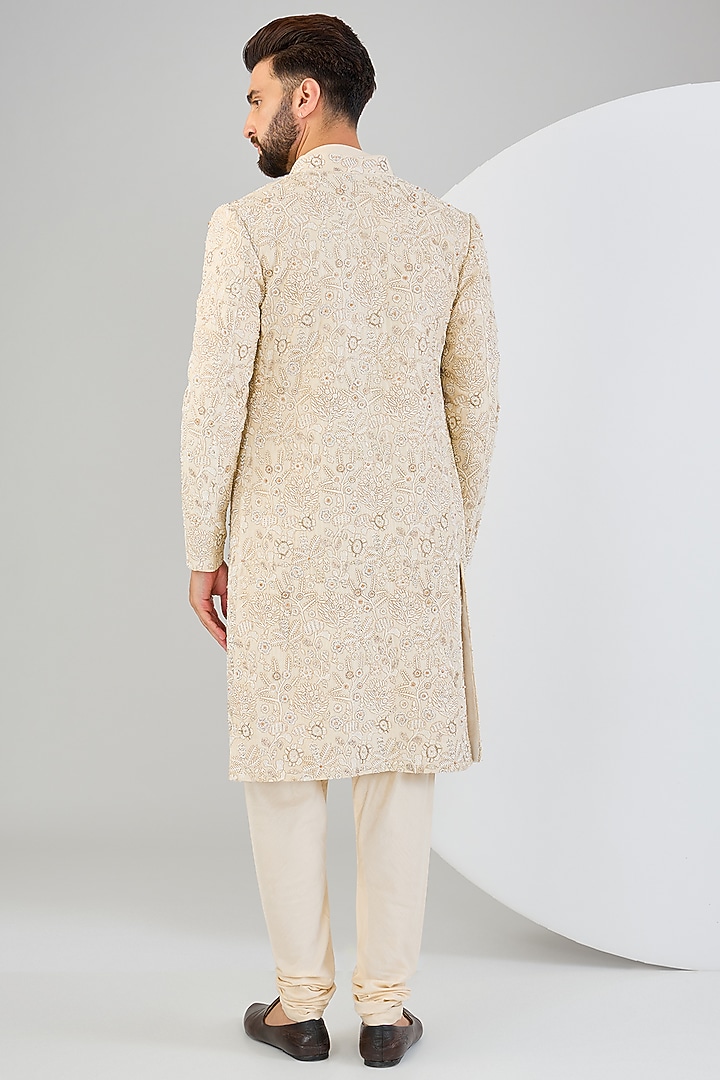Peach Silk Hand Embroidered Groom Sherwani Set by Qbik Men at Pernia's Pop Up Shop
