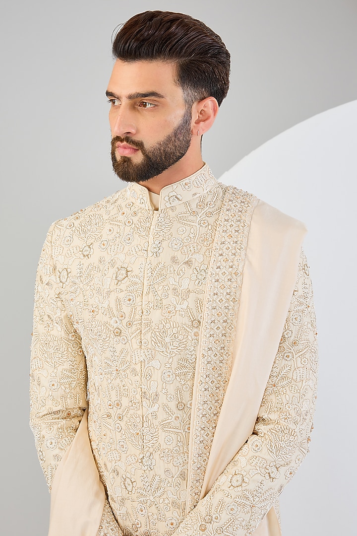 Peach Silk Hand Embroidered Groom Sherwani Set by Qbik Men at Pernia's Pop Up Shop