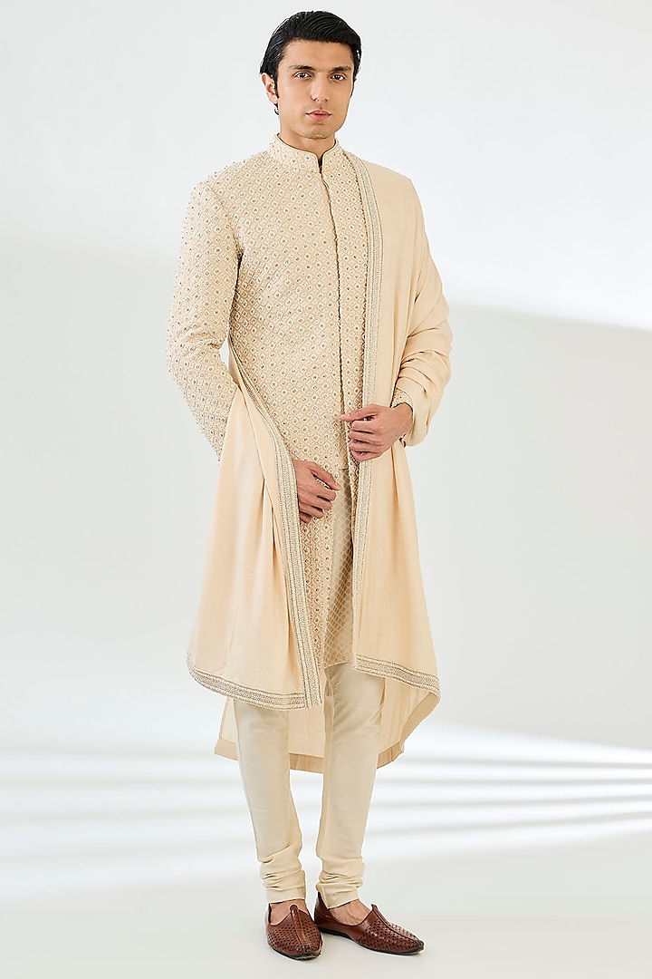 Peach Silk Diamond Embroidered Sherwani Set by Qbik Men