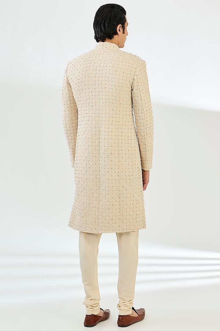 Peach Silk Diamond Embroidered Groom Sherwani Set by Qbik Men at Pernia's Pop Up Shop
