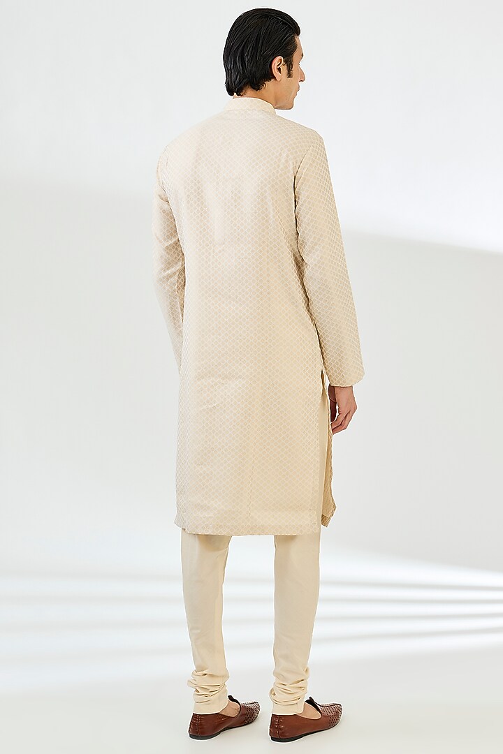 Peach Silk Diamond Embroidered Groom Sherwani Set by Qbik Men at Pernia's Pop Up Shop