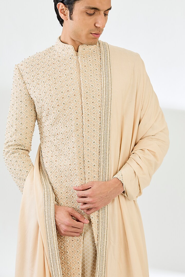 Peach Silk Diamond Embroidered Groom Sherwani Set by Qbik Men at Pernia's Pop Up Shop