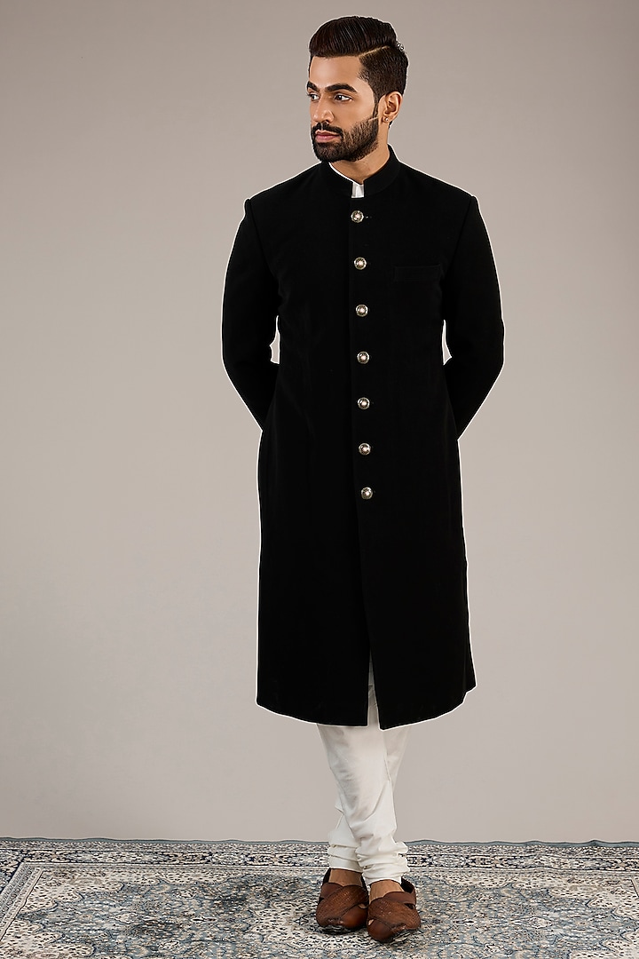 Black Viscose Wool Sherwani Set by Qbik Men