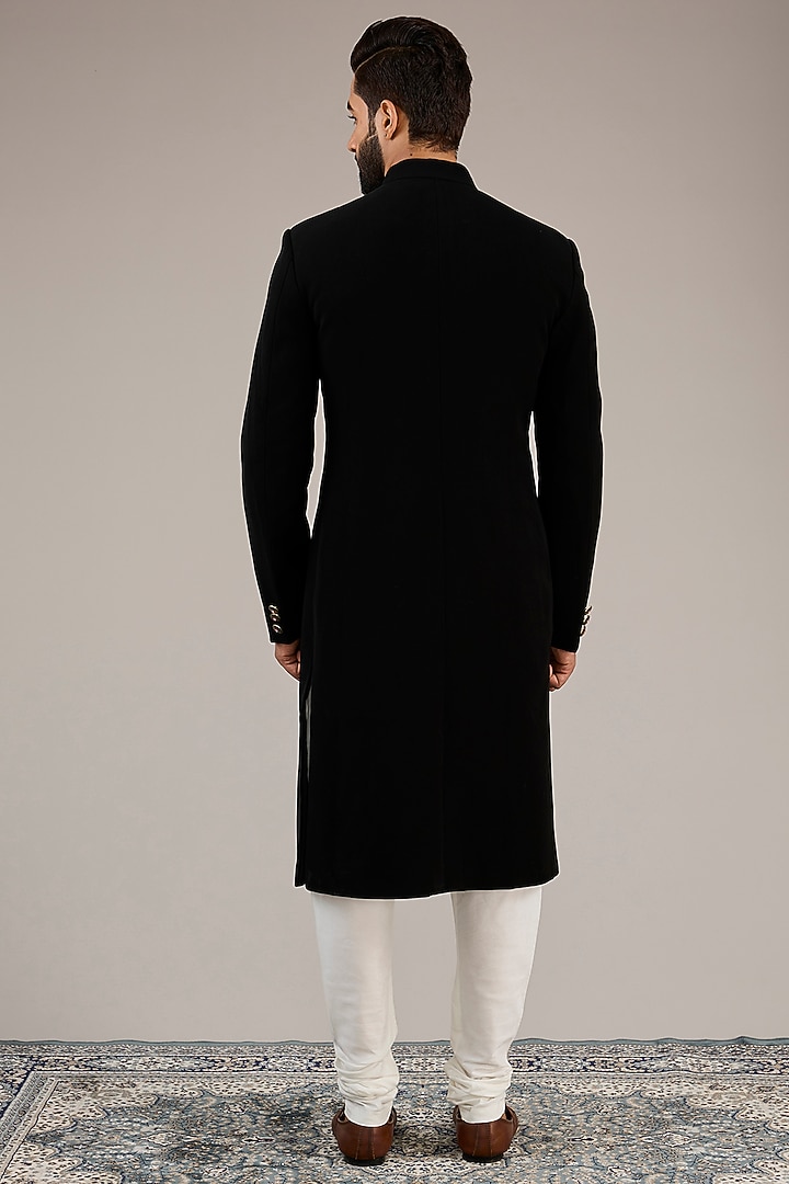 Black Viscose Wool Wedding Sherwani Set by Qbik Men at Pernia's Pop Up Shop