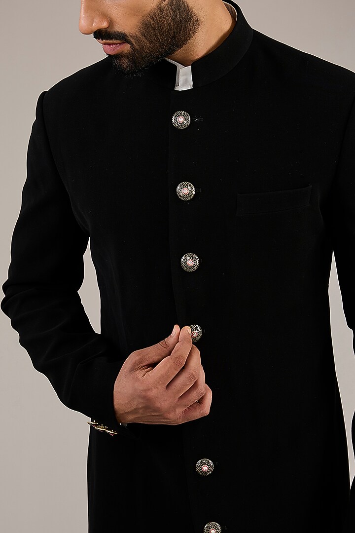 Black Viscose Wool Wedding Sherwani Set by Qbik Men at Pernia's Pop Up Shop