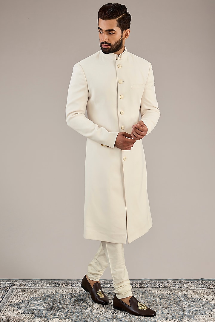 Ivory Viscose Wool Sherwani Set by Qbik Men