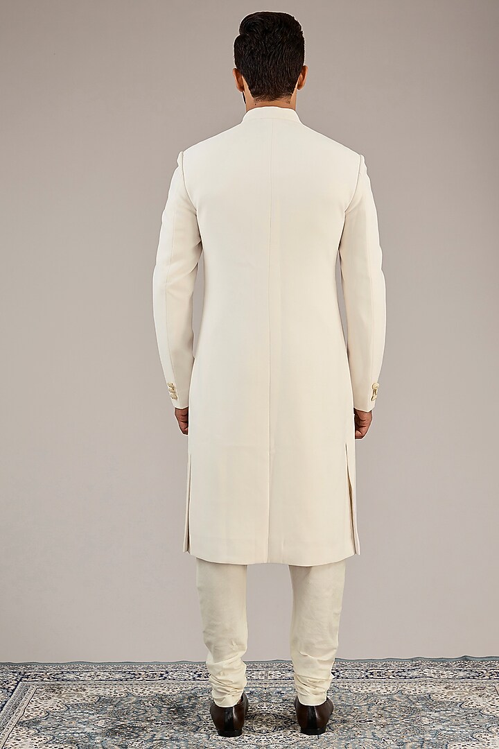 Ivory Viscose Wool Wedding Sherwani Set by Qbik Men at Pernia's Pop Up Shop