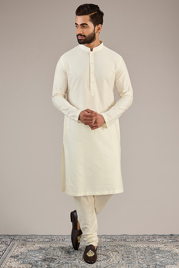 Ivory Viscose Wool Wedding Sherwani Set by Qbik Men at Pernia's Pop Up Shop