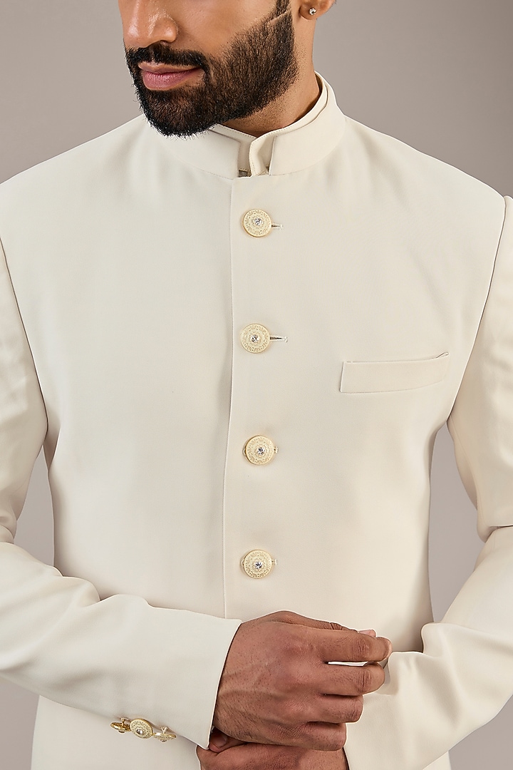 Ivory Viscose Wool Wedding Sherwani Set by Qbik Men at Pernia's Pop Up Shop