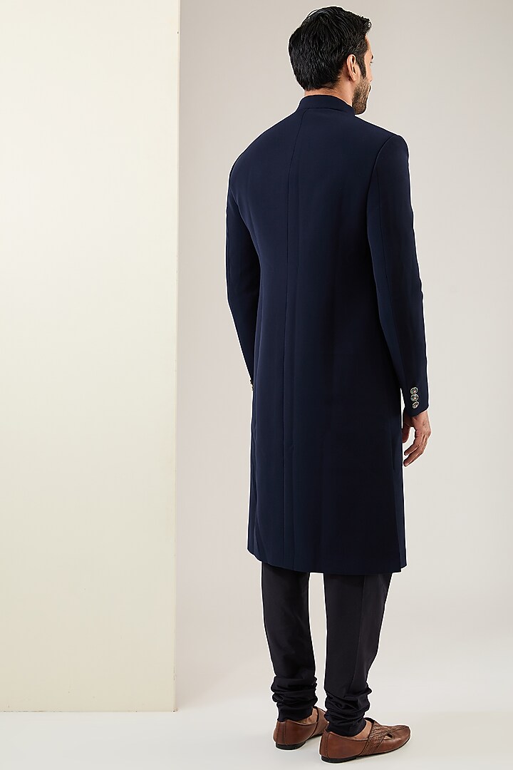 Navy Blue Viscose Suiting Knit Wedding Indowestern Set by Qbik Men at Pernia's Pop Up Shop