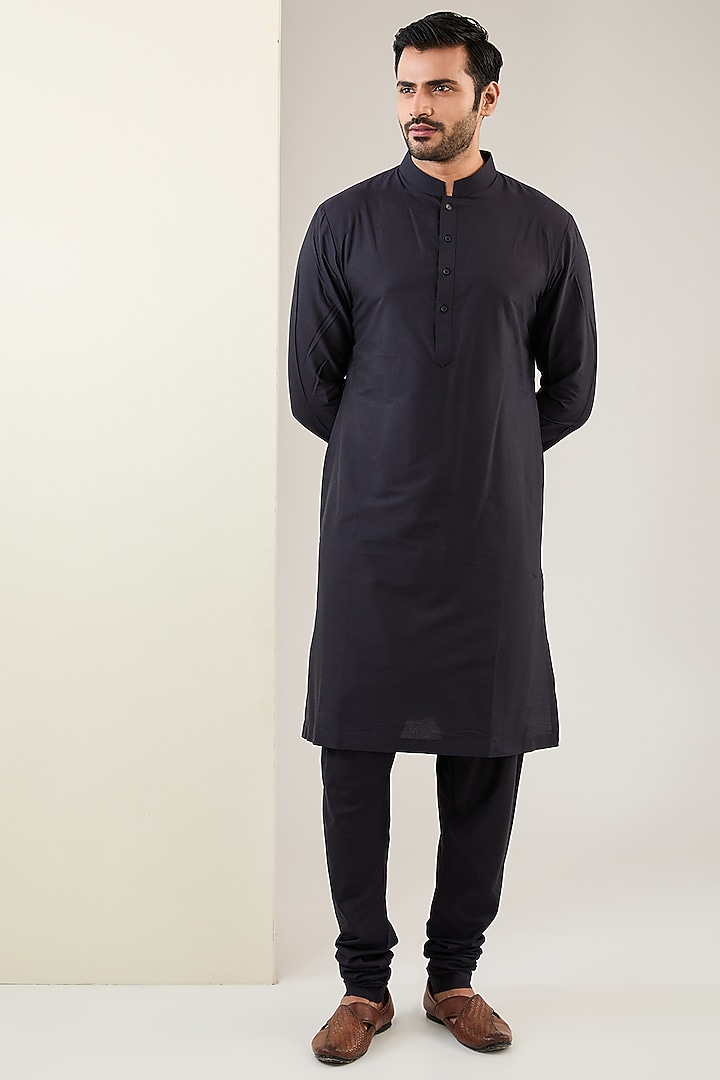 Navy Blue Viscose Suiting Knit Wedding Indowestern Set by Qbik Men at Pernia's Pop Up Shop