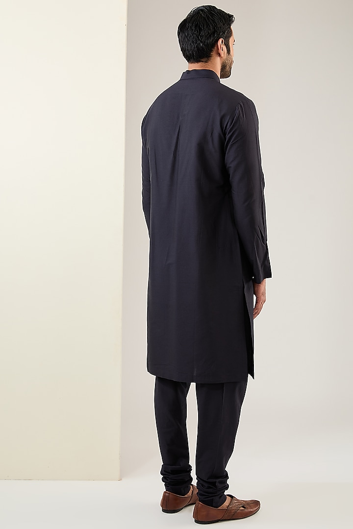 Navy Blue Viscose Suiting Knit Wedding Indowestern Set by Qbik Men at Pernia's Pop Up Shop