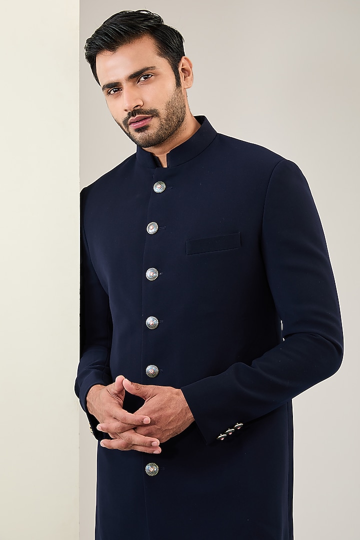 Navy Blue Viscose Suiting Knit Wedding Indowestern Set by Qbik Men at Pernia's Pop Up Shop