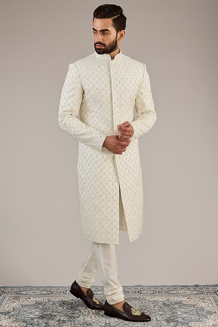 Ivory Jacquard Hand Embroidered Sherwani Set by Qbik Men