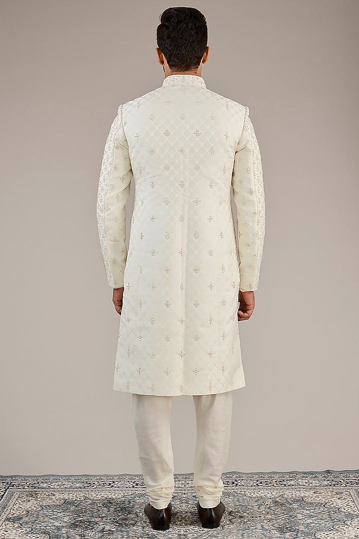 Ivory Jacquard Hand Embroidered Groom Sherwani Set by Qbik Men at Pernia's Pop Up Shop