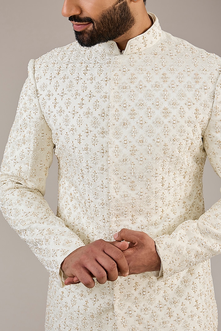 Ivory Jacquard Hand Embroidered Groom Sherwani Set by Qbik Men at Pernia's Pop Up Shop