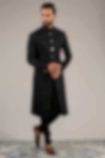 Black Jacquard Sherwani Set by Qbik Men