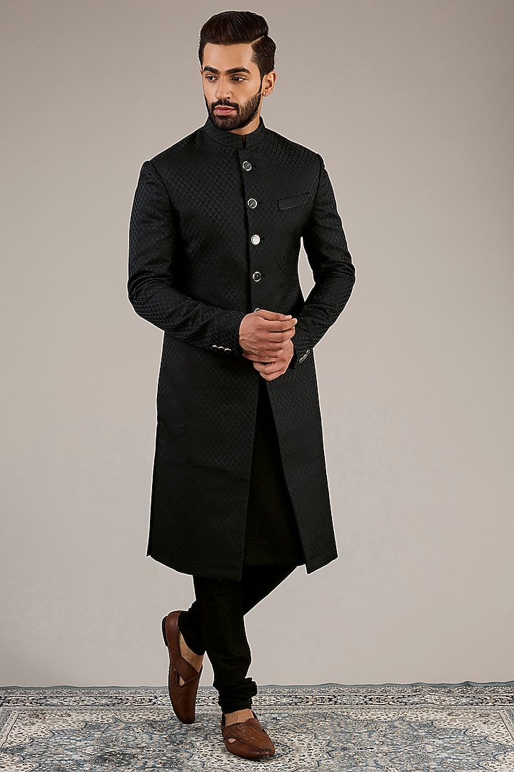 Black Jacquard Sherwani Set by Qbik Men