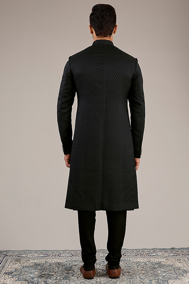 Black Jacquard Wedding Sherwani Set by Qbik Men at Pernia's Pop Up Shop