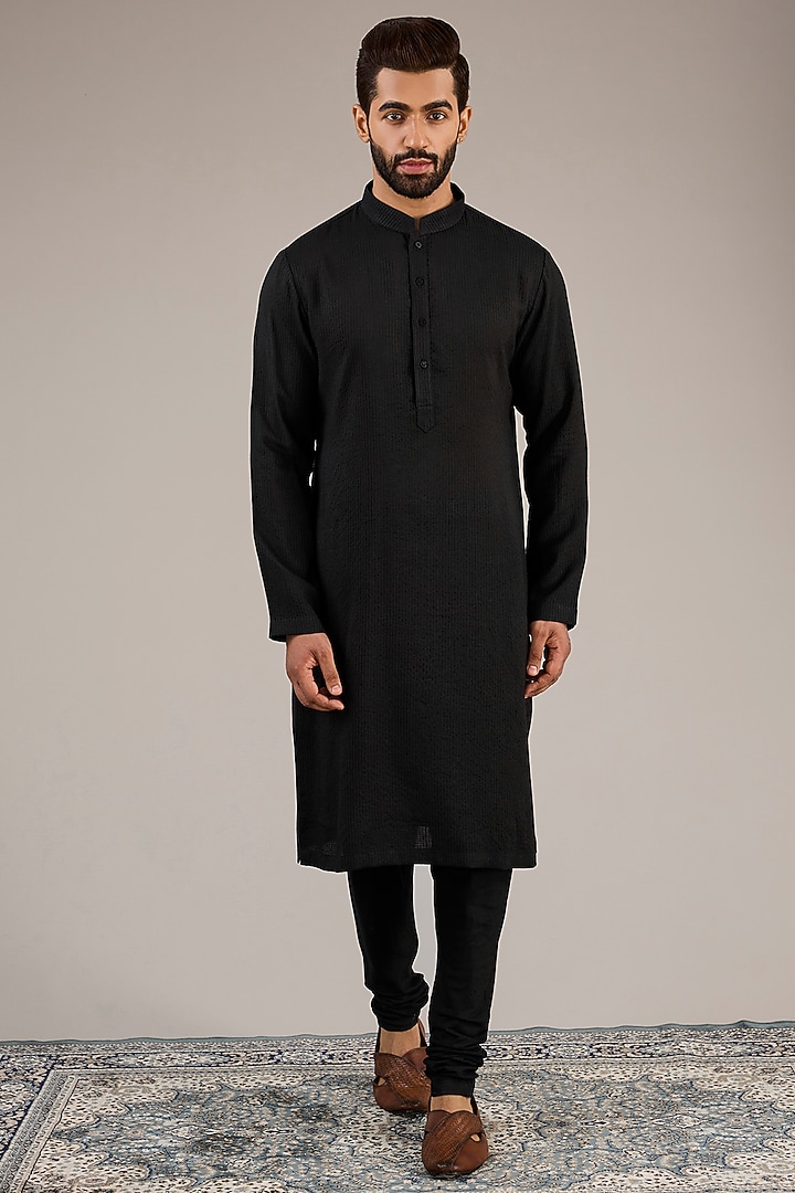 Black Jacquard Wedding Sherwani Set by Qbik Men at Pernia's Pop Up Shop